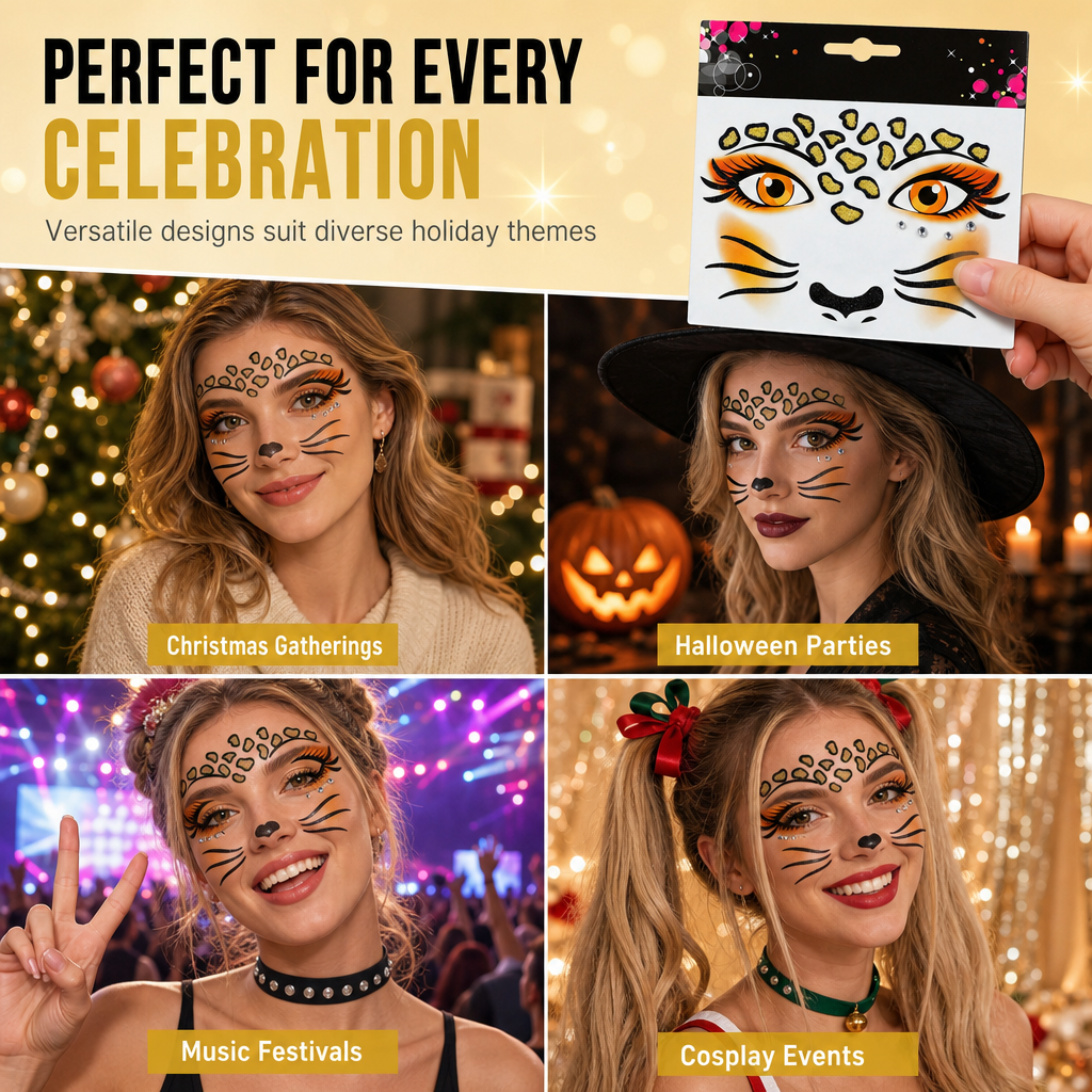 Christmas Holiday Temporary Face Tattoo Stickers for Festive Animal Makeup Decoration Featuring Deer Leopard Print Cat and Fox Designs