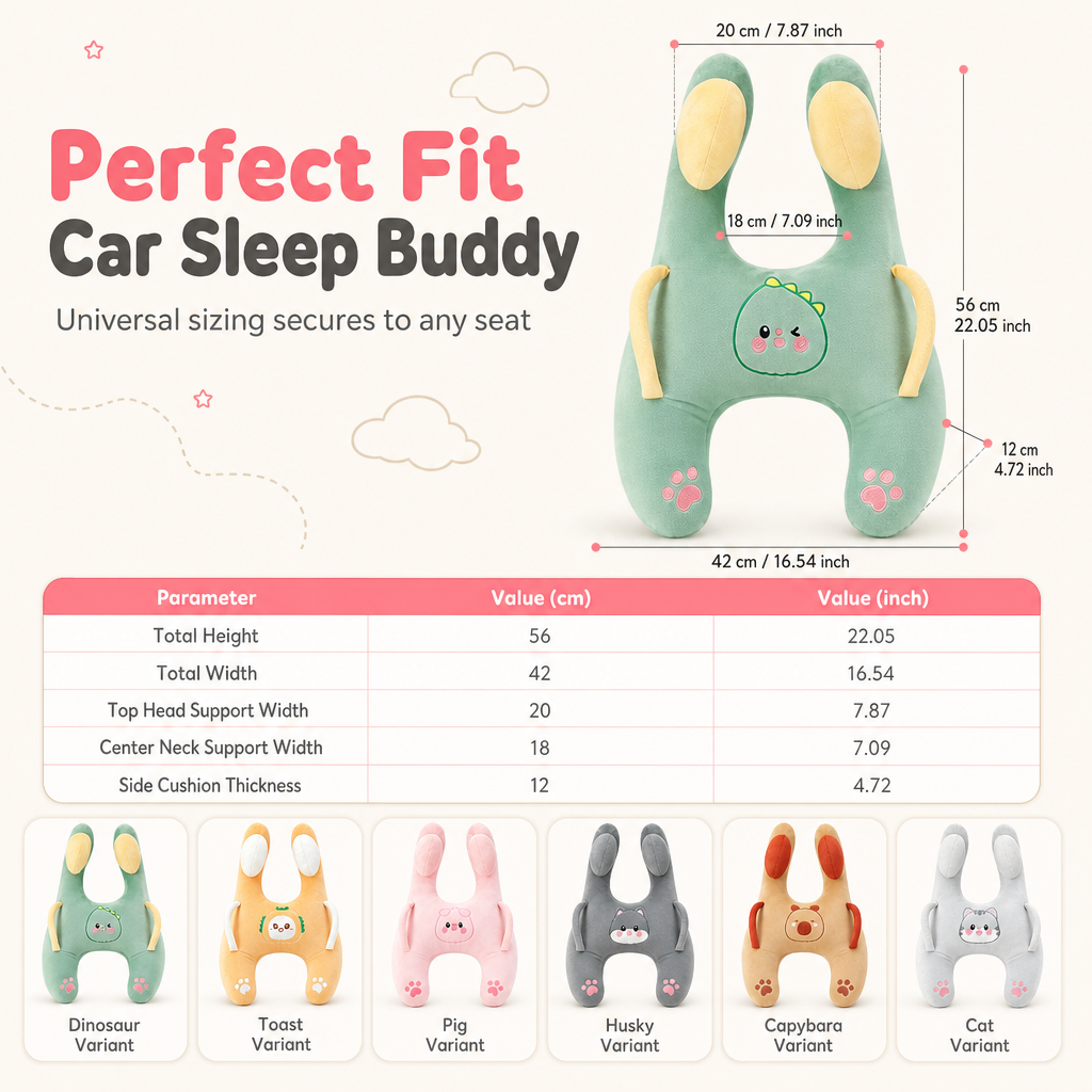 Cartoon Animal Car Sleeping Pillow for Kids and Adults Back Seat Travel Hug Cushion and Seat Belt Neck Protector for Long Distance Rides