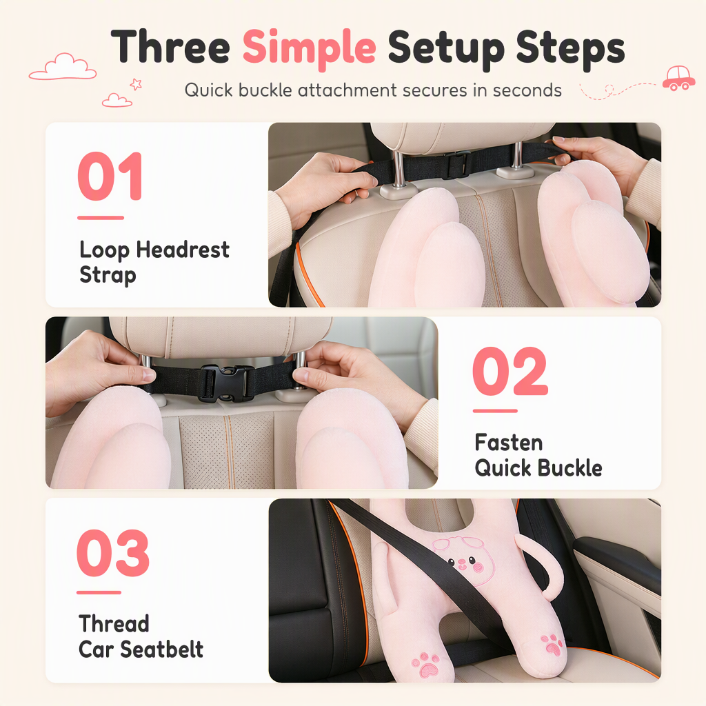 Cartoon Animal Car Sleeping Pillow for Kids and Adults Back Seat Travel Hug Cushion and Seat Belt Neck Protector for Long Distance Rides