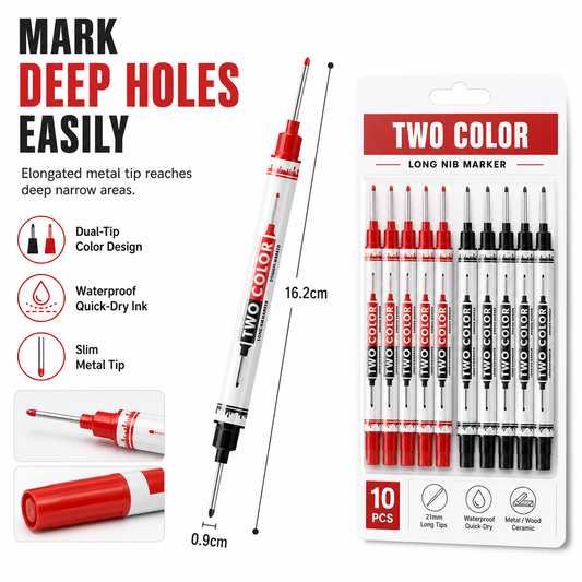 10-Pack Dual Long Head Permanent Marker Pens Waterproof Oil-Based Deep Hole Scribing Markers for Woodworking