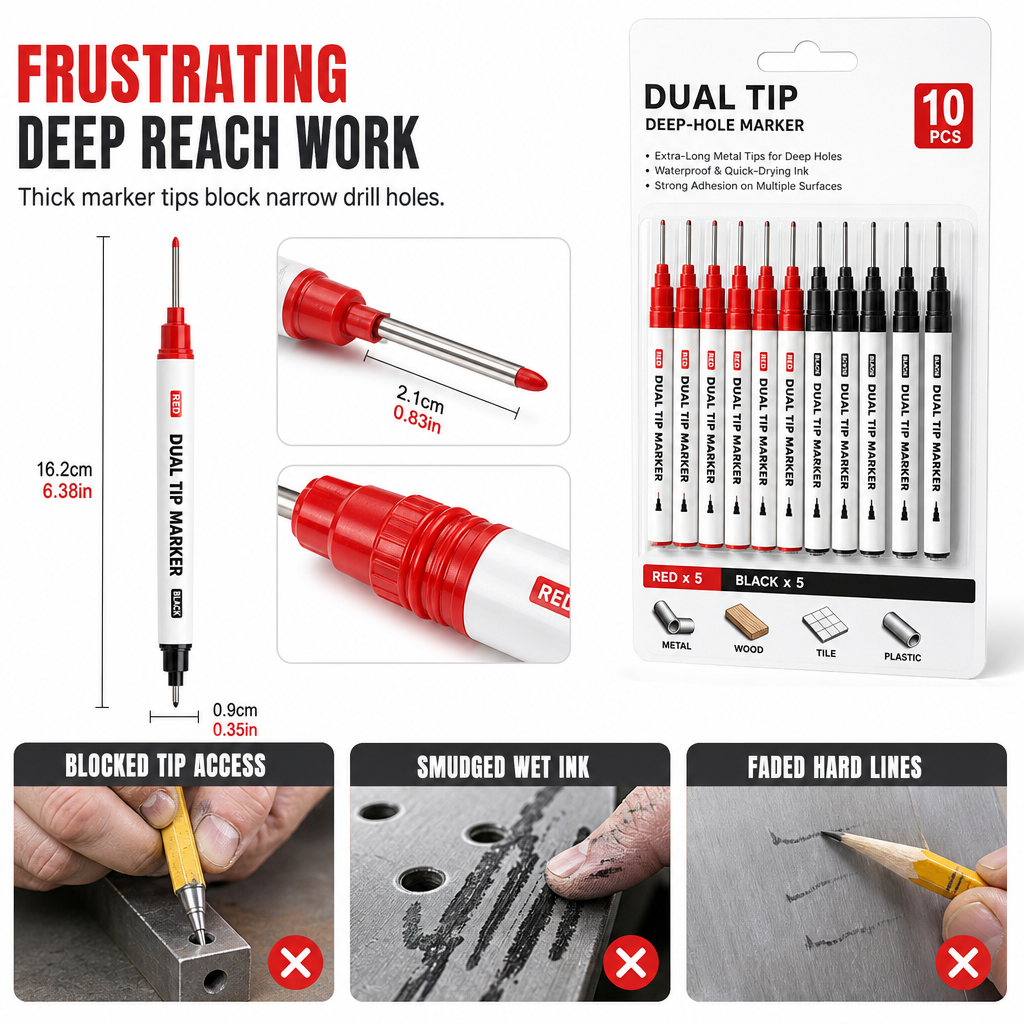 10-Pack Dual Long Head Permanent Marker Pens Waterproof Oil-Based Deep Hole Scribing Markers for Woodworking