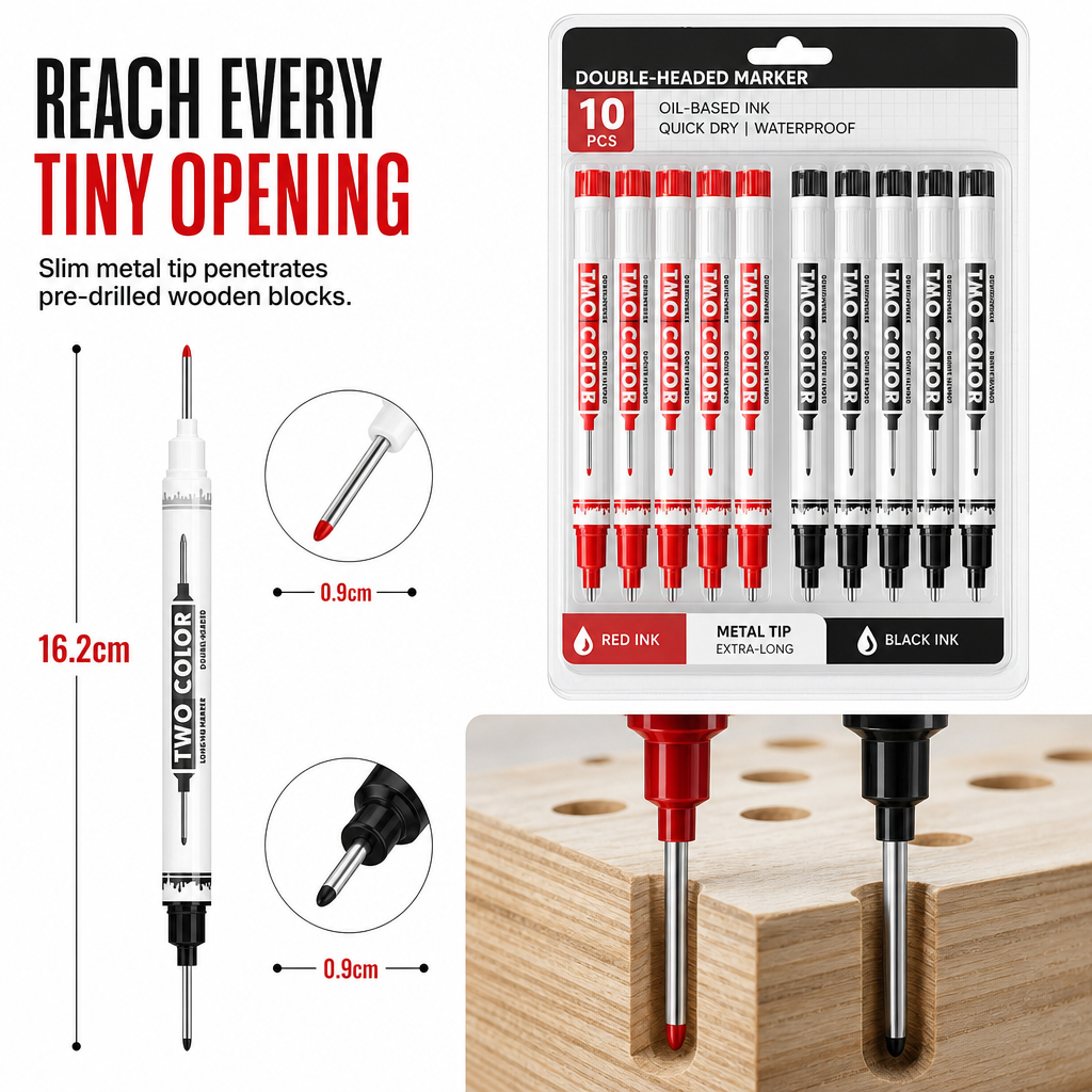 10-Pack Dual Long Head Permanent Marker Pens Waterproof Oil-Based Deep Hole Scribing Markers for Woodworking