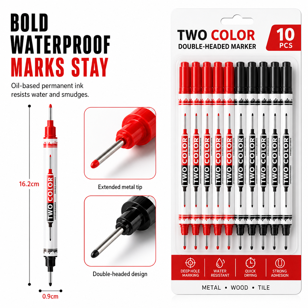 10-Pack Dual Long Head Permanent Marker Pens Waterproof Oil-Based Deep Hole Scribing Markers for Woodworking