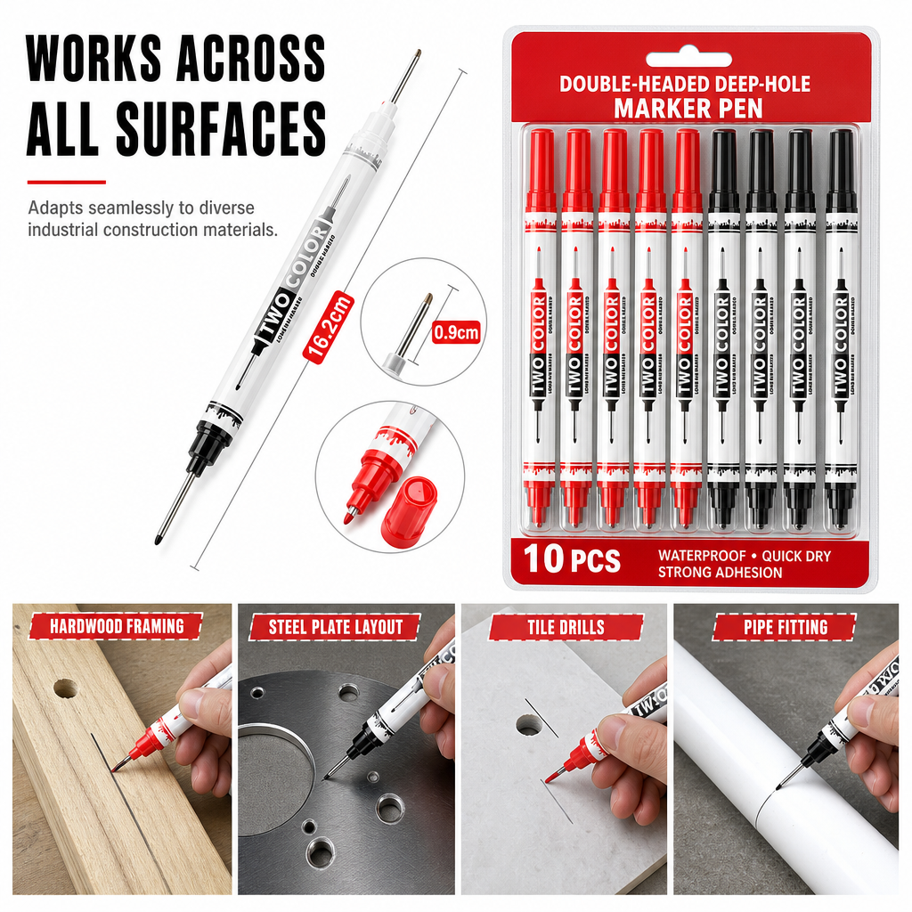 10-Pack Dual Long Head Permanent Marker Pens Waterproof Oil-Based Deep Hole Scribing Markers for Woodworking