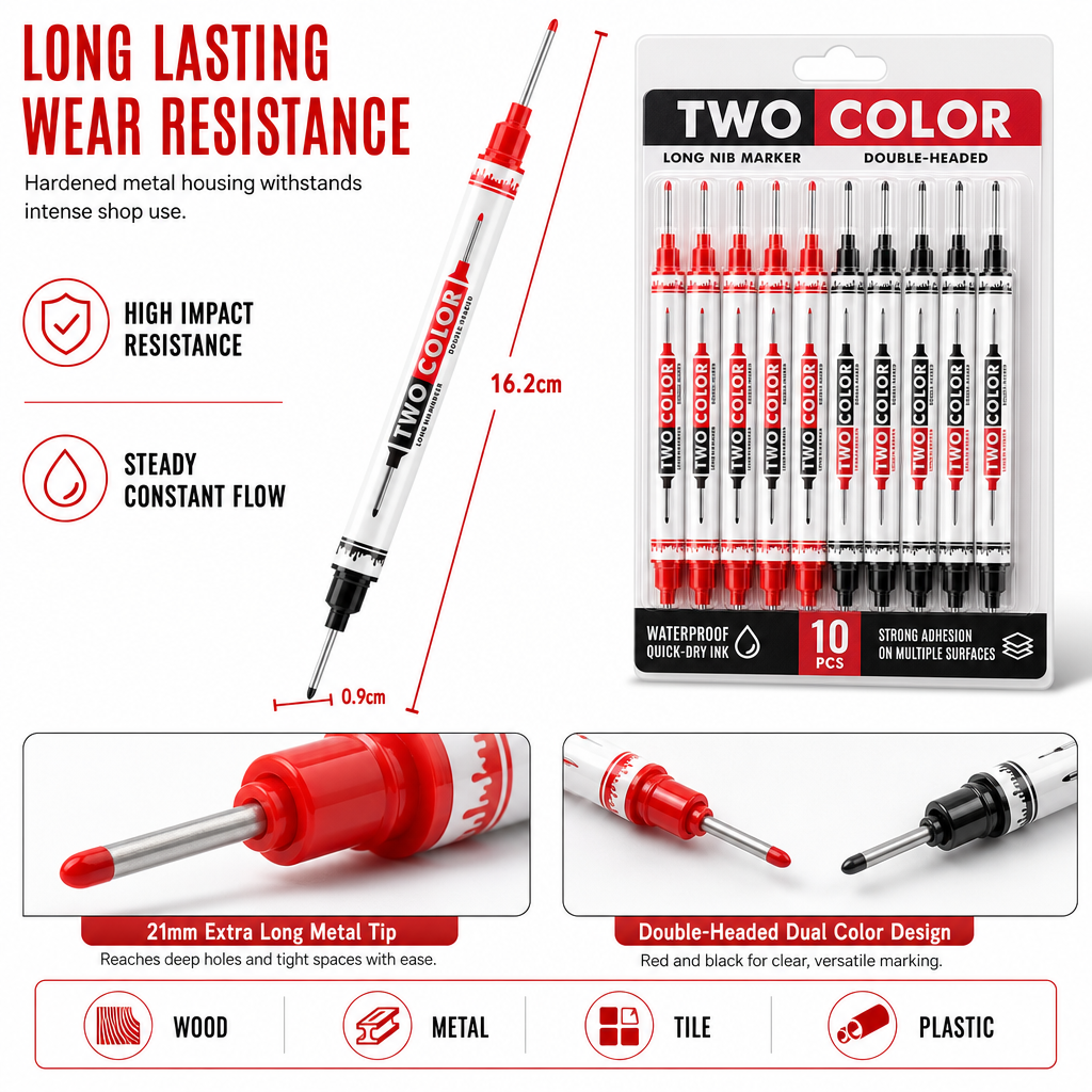 10-Pack Dual Long Head Permanent Marker Pens Waterproof Oil-Based Deep Hole Scribing Markers for Woodworking