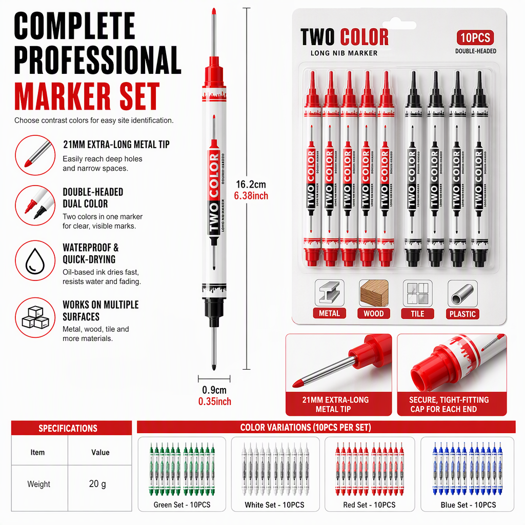 10-Pack Dual Long Head Permanent Marker Pens Waterproof Oil-Based Deep Hole Scribing Markers for Woodworking