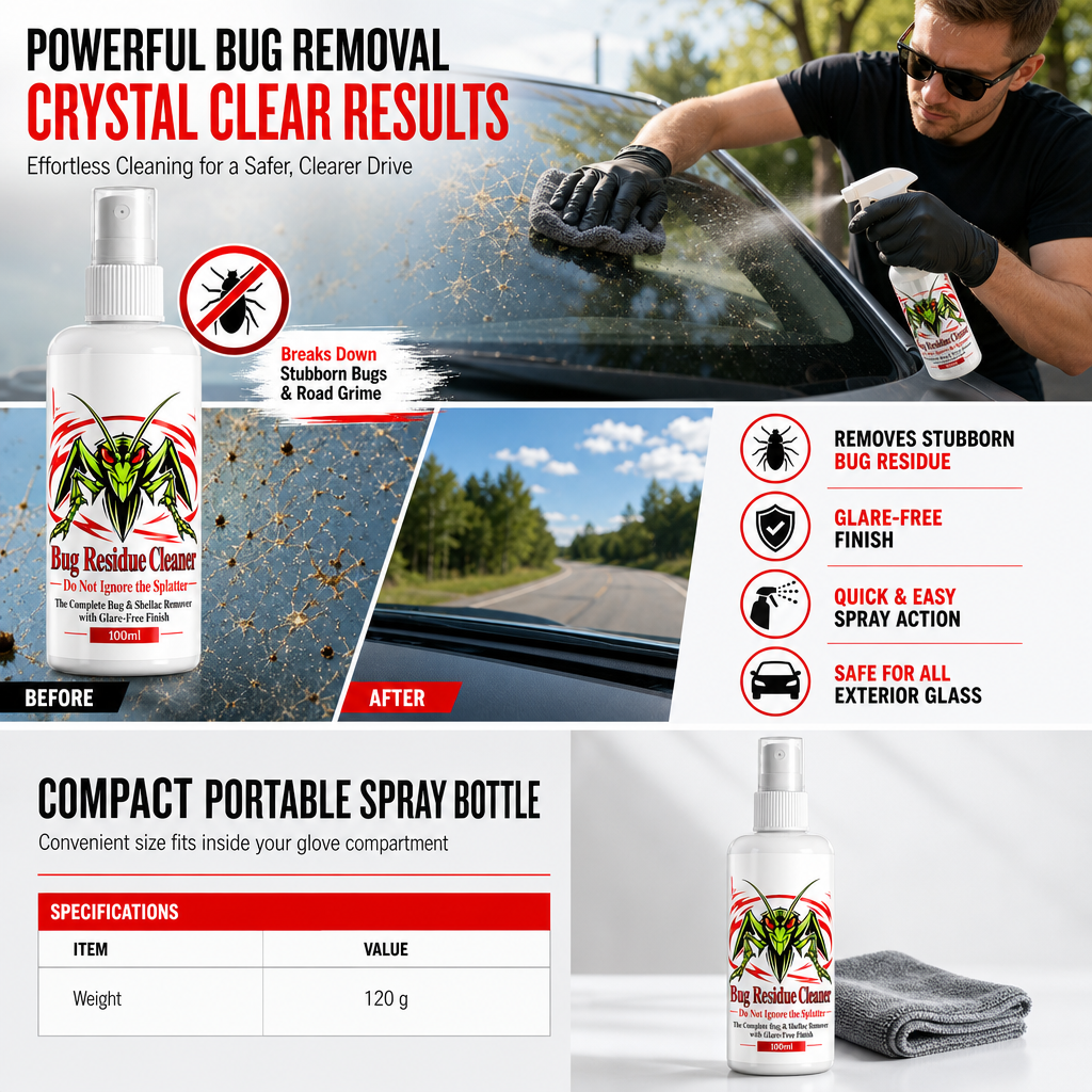 Car Windshield Bug Residue and Dust Cleaner 100ml Glass Cleaning Liquid for Removing Dirt and Insect Splats