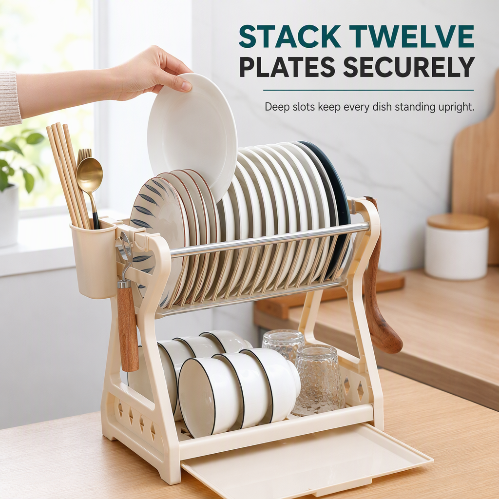 🍽️ ⚡ Multi-Layer Steel Dish Drying Rack – Vertical Storage, Drip Tray, Tool-Free Install ✨