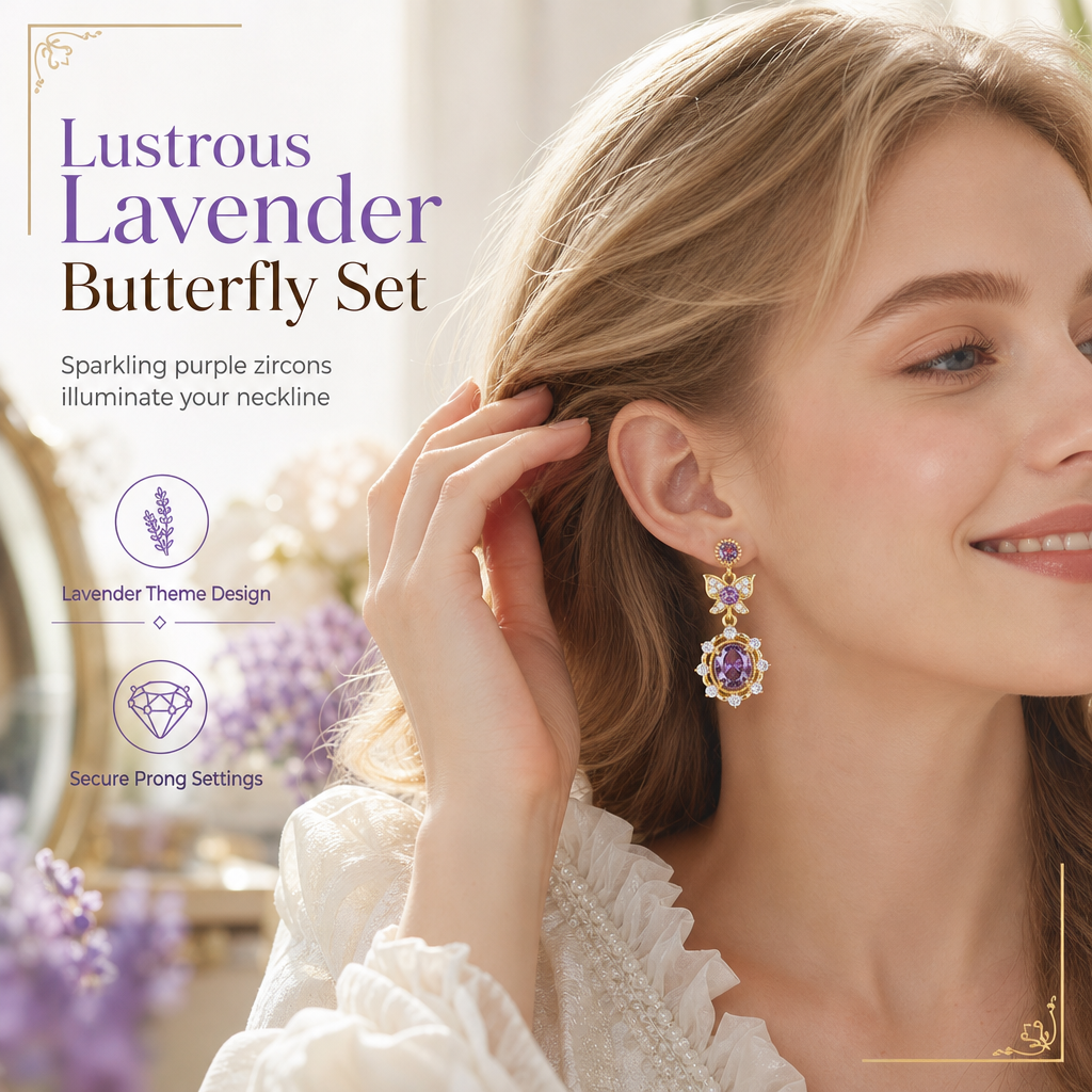 ⏳🔥LIMITED-TIME 50% OFF! ⏰Lavender Manor Purple Zircon Butterfly Jewelry Set with Adjustable Open Ring and Earrings💜