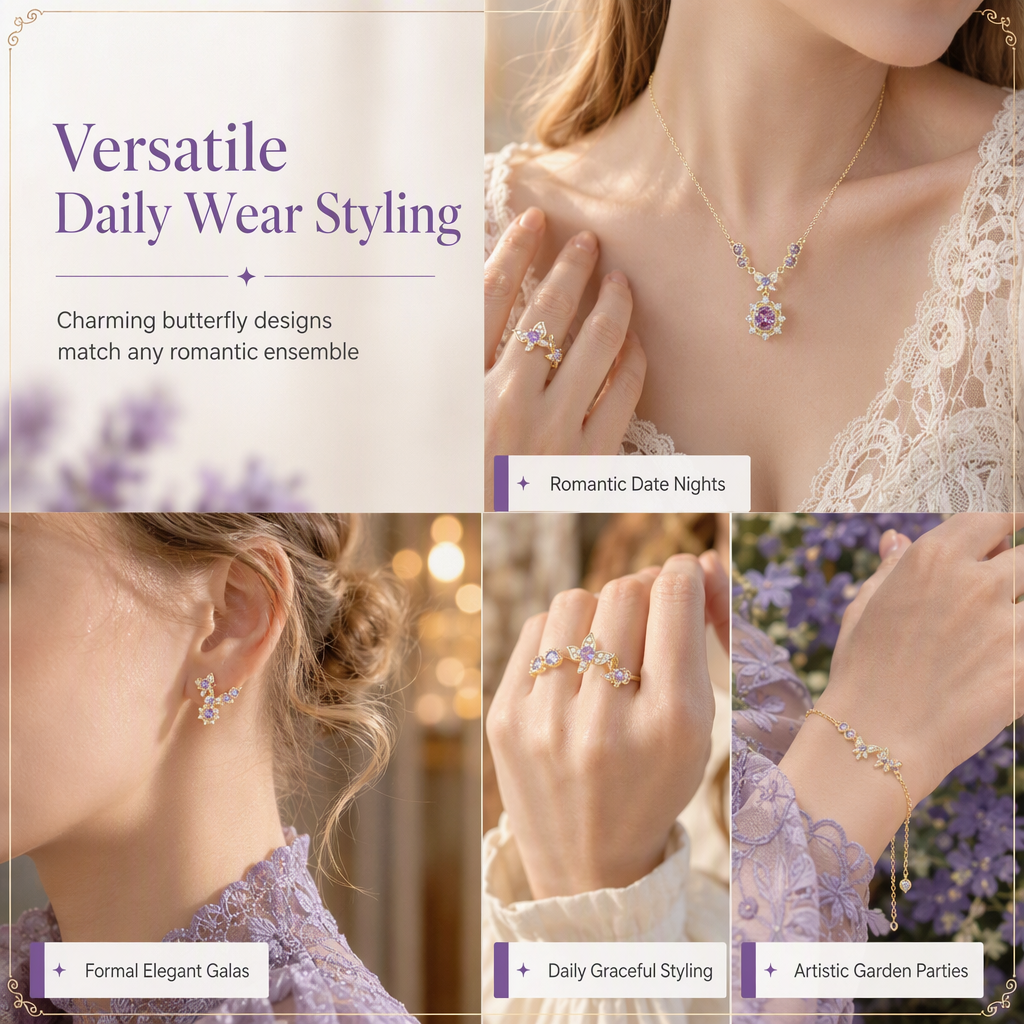 ⏳🔥LIMITED-TIME 50% OFF! ⏰Lavender Manor Purple Zircon Butterfly Jewelry Set with Adjustable Open Ring and Earrings💜