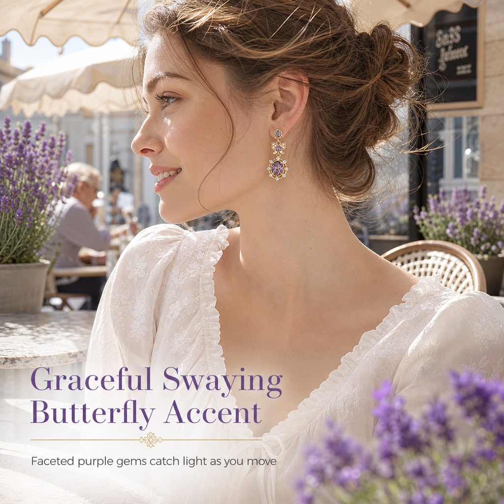 ⏳🔥LIMITED-TIME 50% OFF! ⏰Lavender Manor Purple Zircon Butterfly Jewelry Set with Adjustable Open Ring and Earrings💜