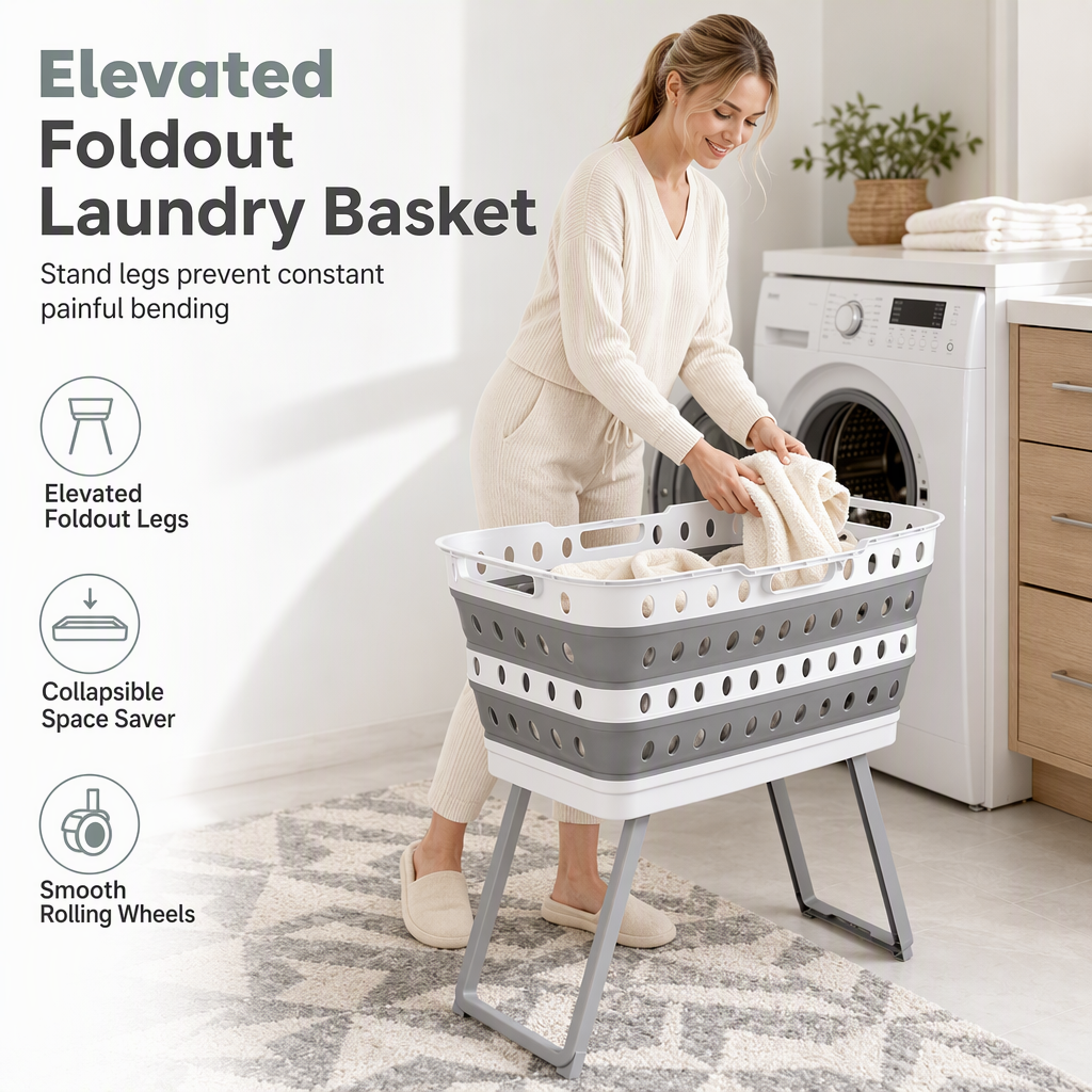 Portable Standing Laundry Basket with Folding Legs and Handles Grey Laundry Hamper for Bathroom