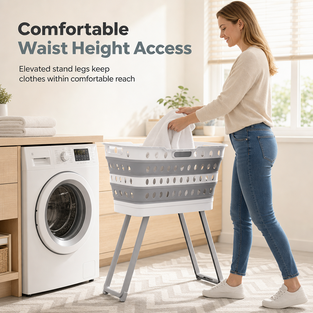Portable Standing Laundry Basket with Folding Legs and Handles Grey Laundry Hamper for Bathroom