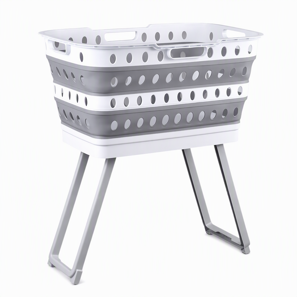 Portable Standing Laundry Basket with Folding Legs and Handles Grey Laundry Hamper for Bathroom
