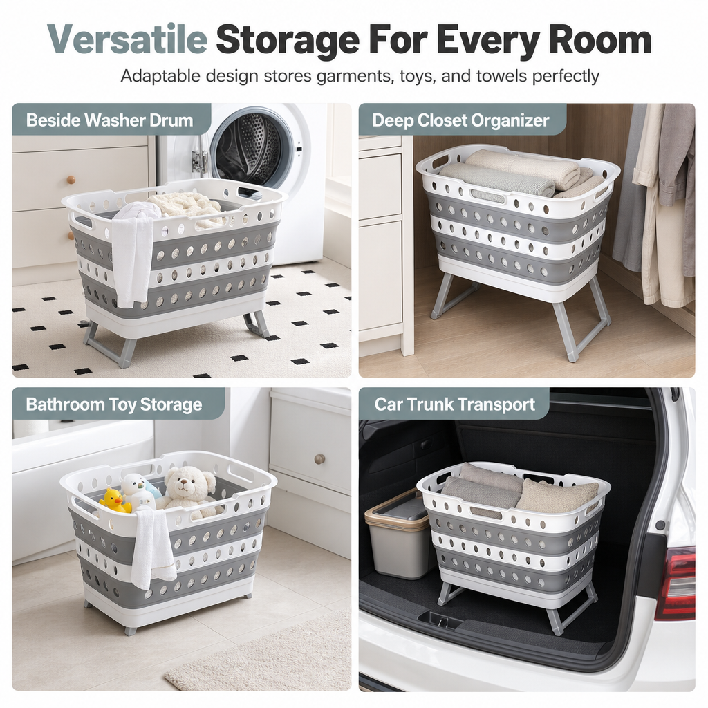 Portable Standing Laundry Basket with Folding Legs and Handles Grey Laundry Hamper for Bathroom
