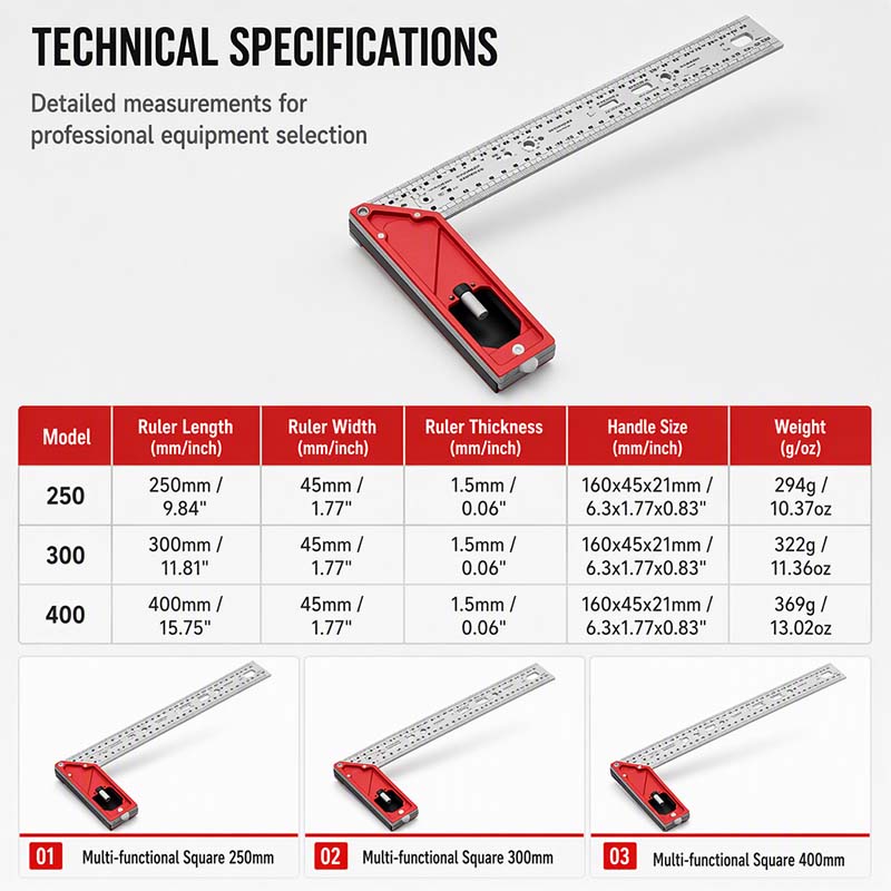 Multi-Functional Woodworking Square Ruler with Aluminum Base