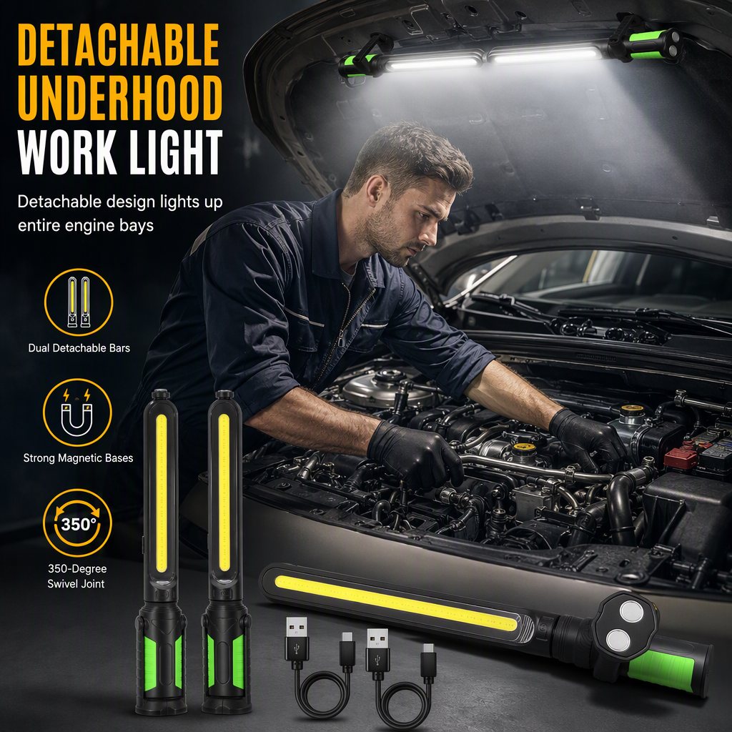 Rechargeable LED Work Light with Strong Magnetic Base Handheld Super Bright Flashlight for Automotive Repair and Maintenance