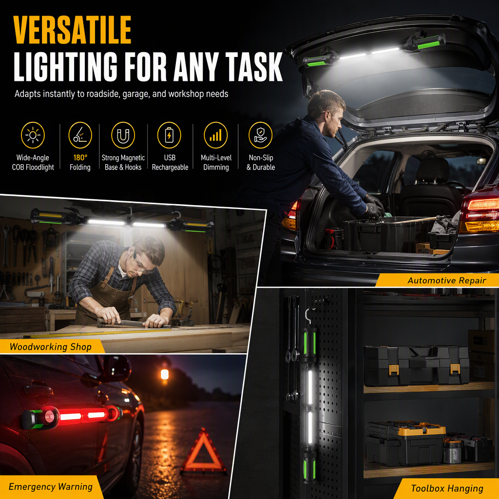 Rechargeable LED Work Light with Strong Magnetic Base Handheld Super Bright Flashlight for Automotive Repair and Maintenance