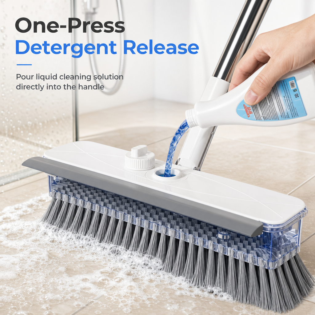 Long Handle Floor Scrub Brush with Stiff Bristles and Squeegee 2-in-1 Household Bathroom Cleaning Tool with Built-in Soap Dispenser and Detachable Head