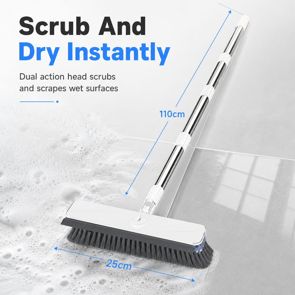 Long Handle Floor Scrub Brush with Stiff Bristles and Squeegee 2-in-1 Household Bathroom Cleaning Tool with Built-in Soap Dispenser and Detachable Head