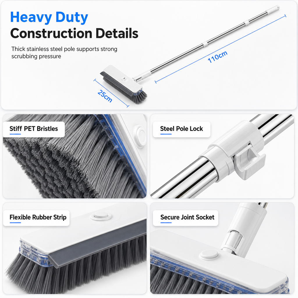 Long Handle Floor Scrub Brush with Stiff Bristles and Squeegee 2-in-1 Household Bathroom Cleaning Tool with Built-in Soap Dispenser and Detachable Head