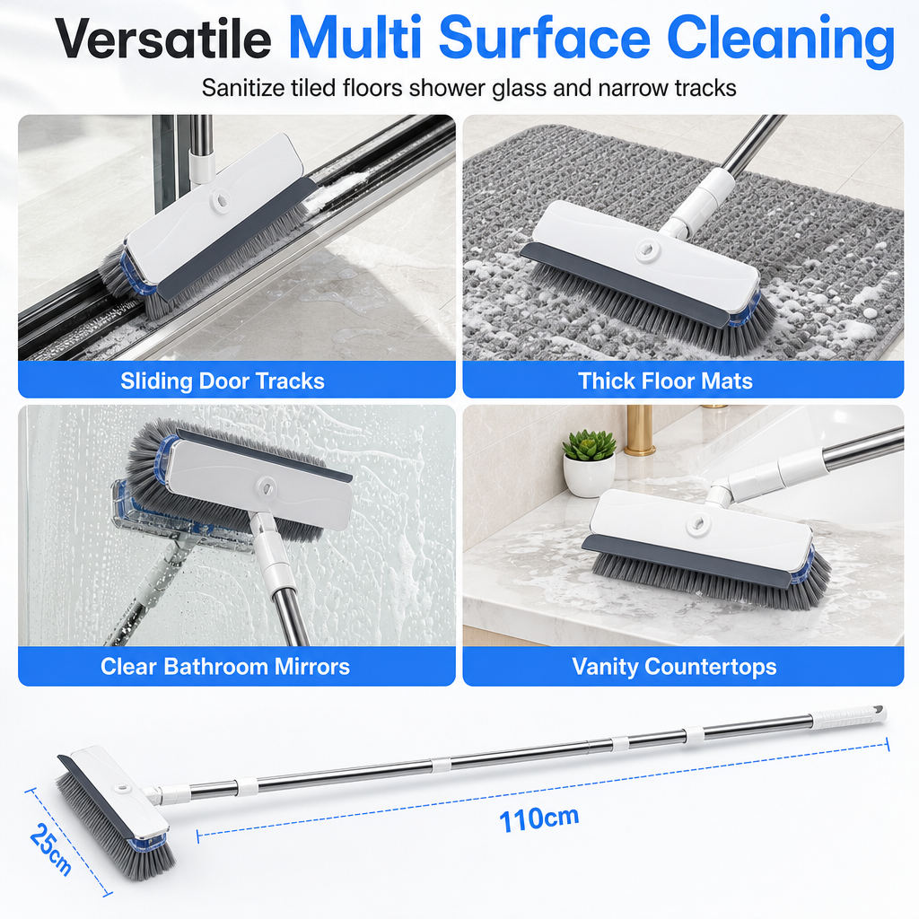 Long Handle Floor Scrub Brush with Stiff Bristles and Squeegee 2-in-1 Household Bathroom Cleaning Tool with Built-in Soap Dispenser and Detachable Head