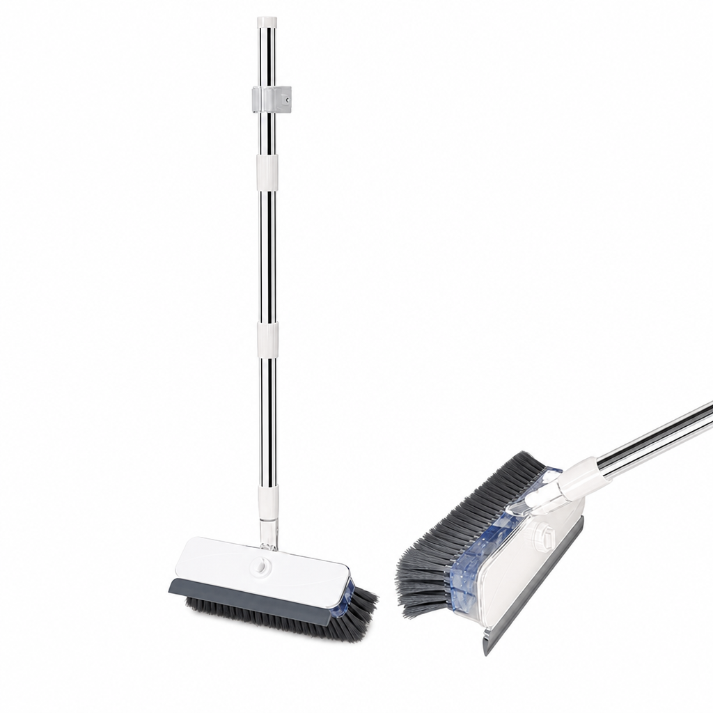 Long Handle Floor Scrub Brush with Stiff Bristles and Squeegee 2-in-1 Household Bathroom Cleaning Tool with Built-in Soap Dispenser and Detachable Head