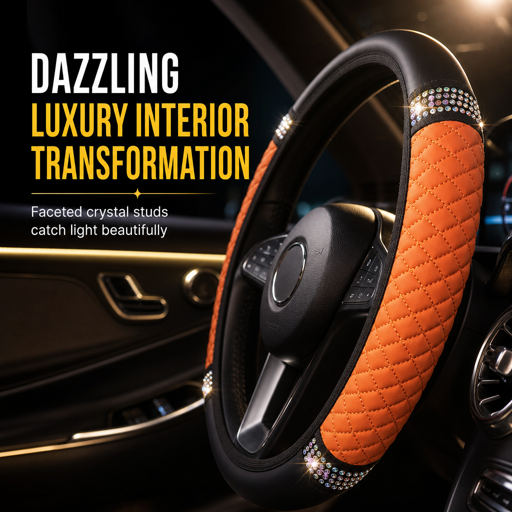 Sparkling Rhinestone Car Steering Wheel Cover Elastic Leather Wheel Protector with Crystals for Auto Interior