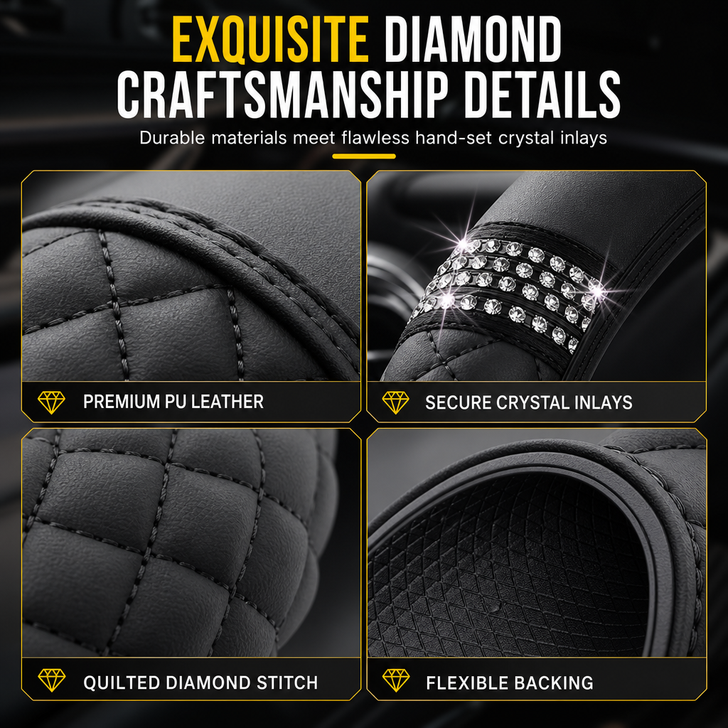 Sparkling Rhinestone Car Steering Wheel Cover Elastic Leather Wheel Protector with Crystals for Auto Interior