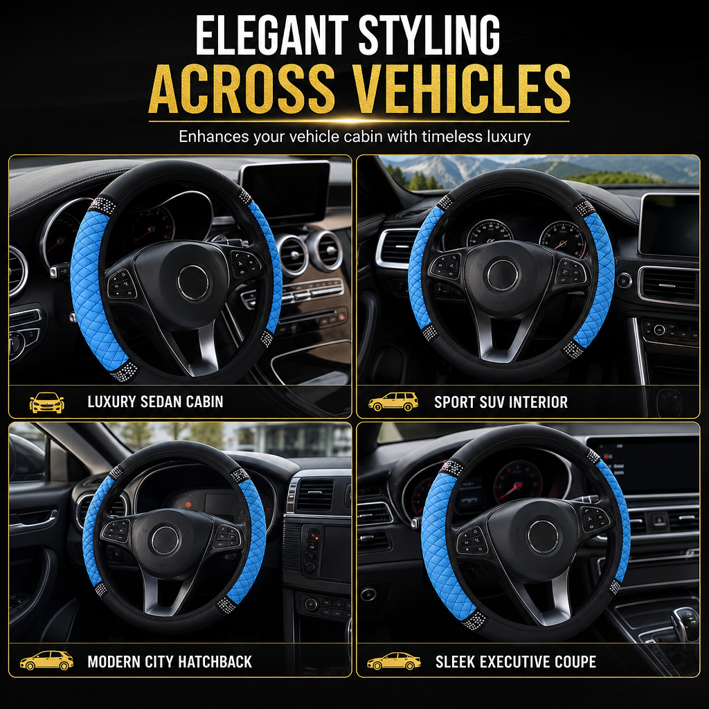 Sparkling Rhinestone Car Steering Wheel Cover Elastic Leather Wheel Protector with Crystals for Auto Interior