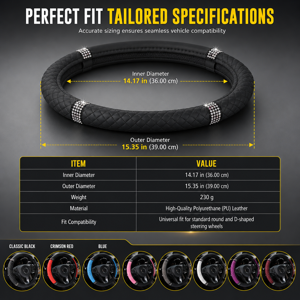 Sparkling Rhinestone Car Steering Wheel Cover Elastic Leather Wheel Protector with Crystals for Auto Interior