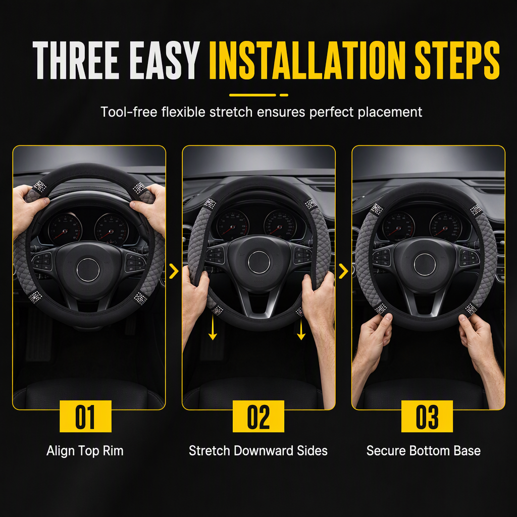 Sparkling Rhinestone Car Steering Wheel Cover Elastic Leather Wheel Protector with Crystals for Auto Interior