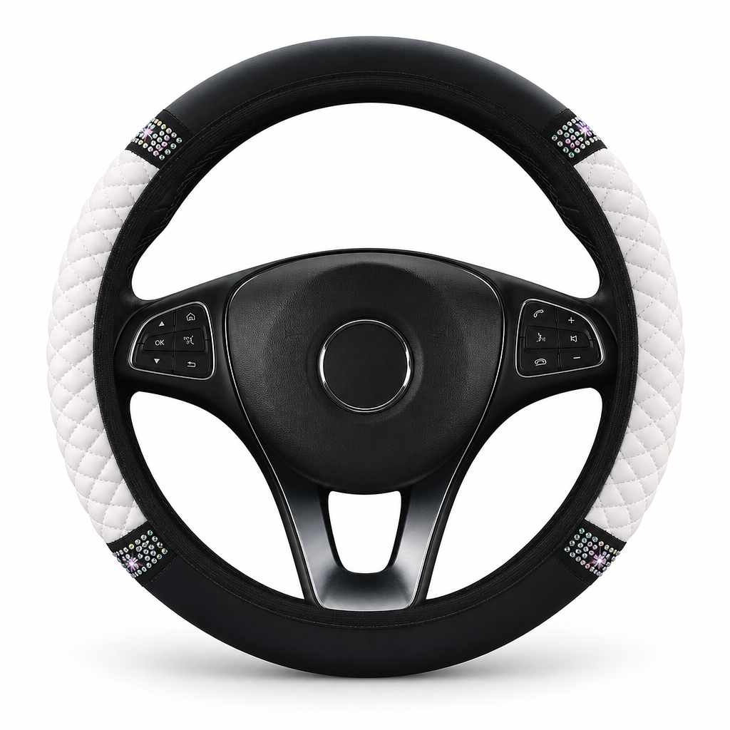 Sparkling Rhinestone Car Steering Wheel Cover Elastic Leather Wheel Protector with Crystals for Auto Interior