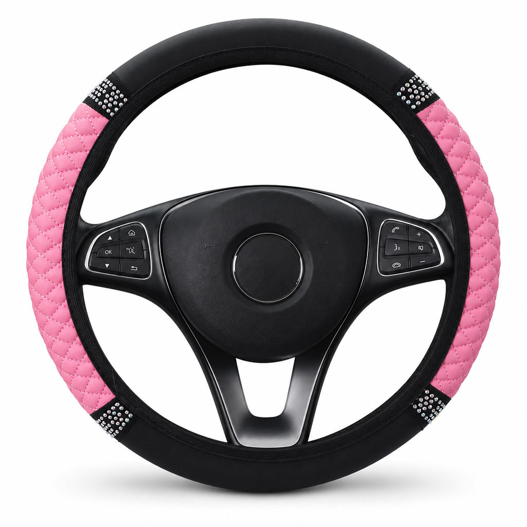 Sparkling Rhinestone Car Steering Wheel Cover Elastic Leather Wheel Protector with Crystals for Auto Interior