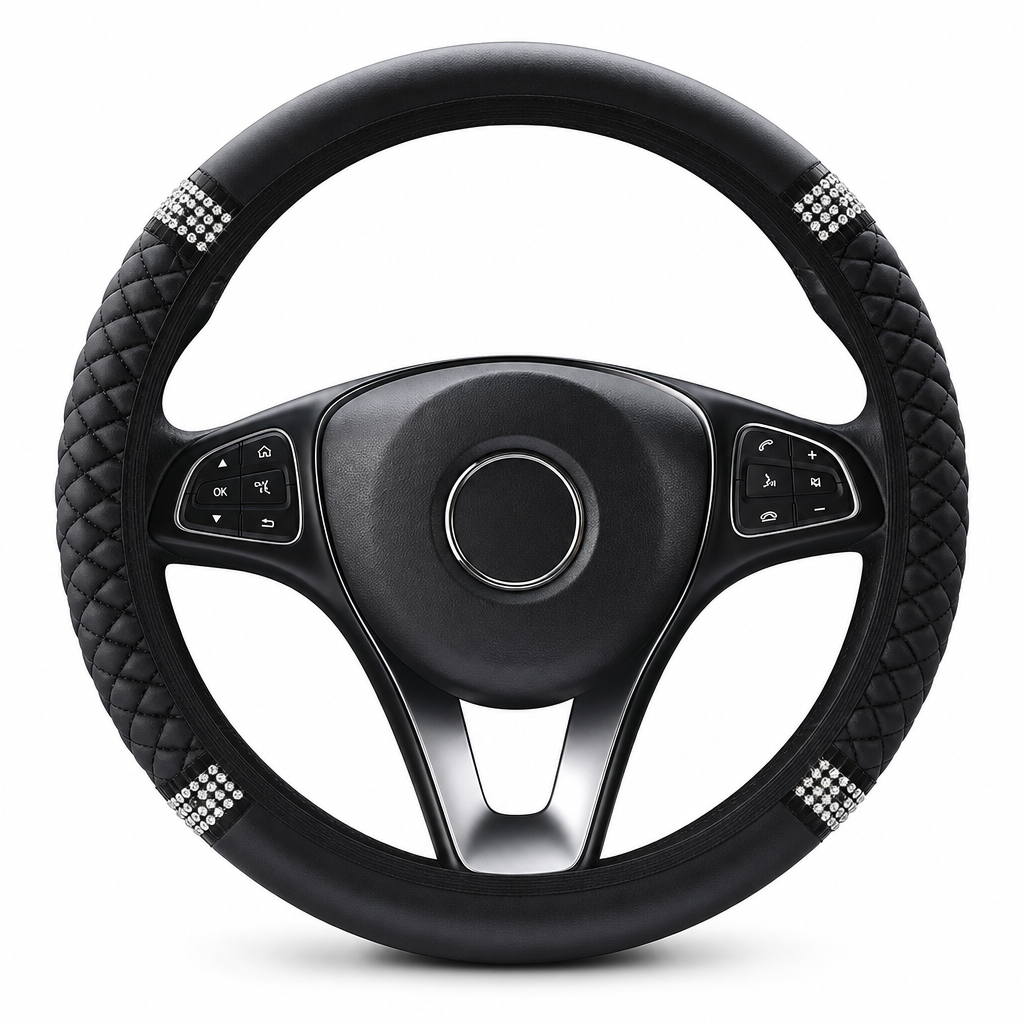 Sparkling Rhinestone Car Steering Wheel Cover Elastic Leather Wheel Protector with Crystals for Auto Interior