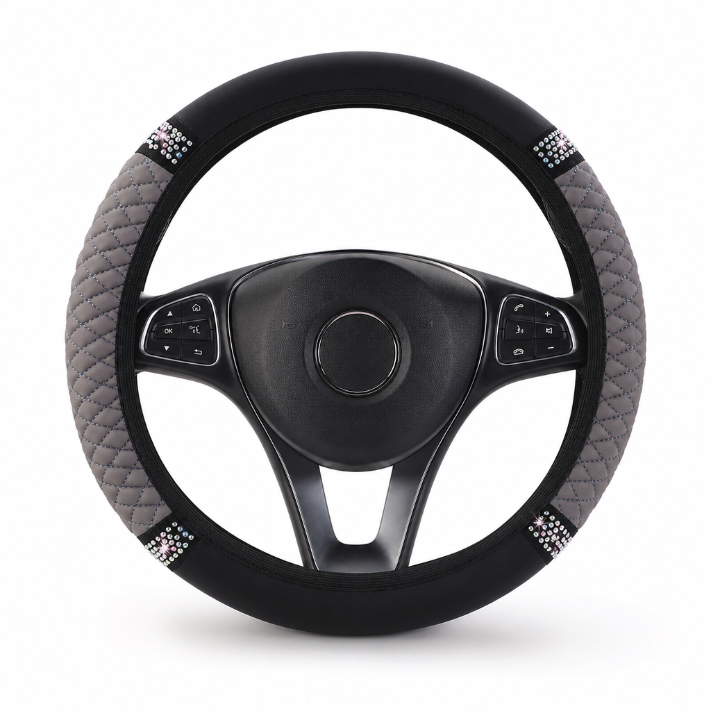 Sparkling Rhinestone Car Steering Wheel Cover Elastic Leather Wheel Protector with Crystals for Auto Interior