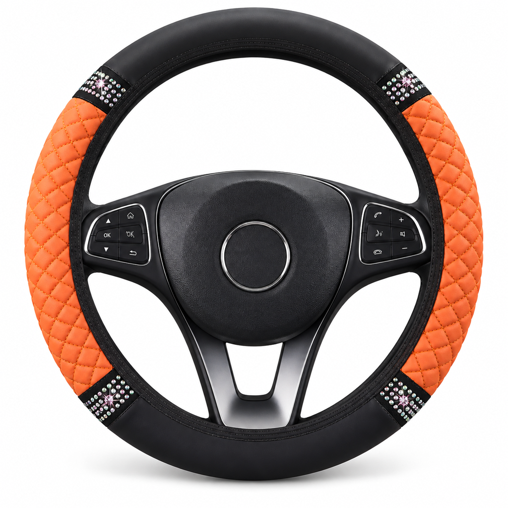 Sparkling Rhinestone Car Steering Wheel Cover Elastic Leather Wheel Protector with Crystals for Auto Interior