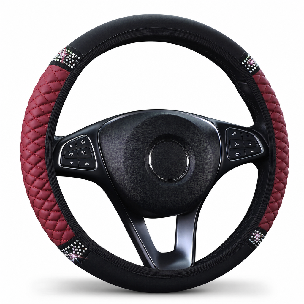 Sparkling Rhinestone Car Steering Wheel Cover Elastic Leather Wheel Protector with Crystals for Auto Interior