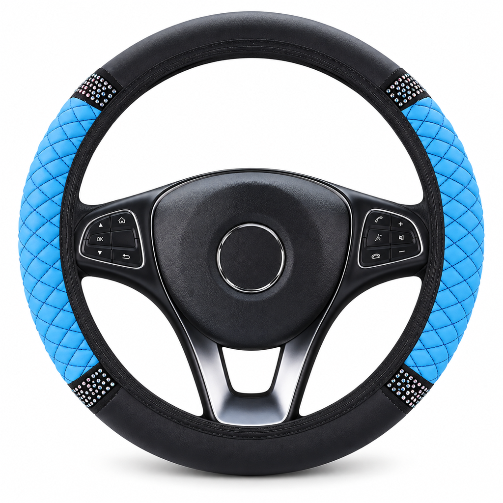 Sparkling Rhinestone Car Steering Wheel Cover Elastic Leather Wheel Protector with Crystals for Auto Interior