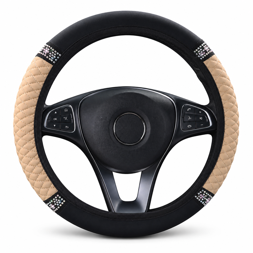 Sparkling Rhinestone Car Steering Wheel Cover Elastic Leather Wheel Protector with Crystals for Auto Interior