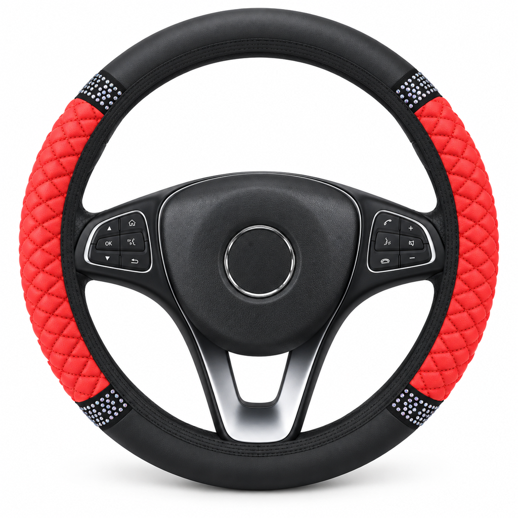 Sparkling Rhinestone Car Steering Wheel Cover Elastic Leather Wheel Protector with Crystals for Auto Interior