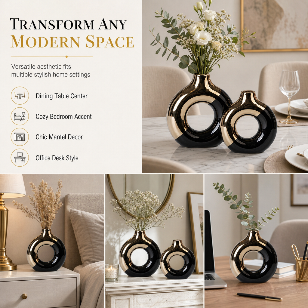 Modern Ceramic Flower Vase with Gold Accents for Tabletop Floral Arrangement and Home Decor