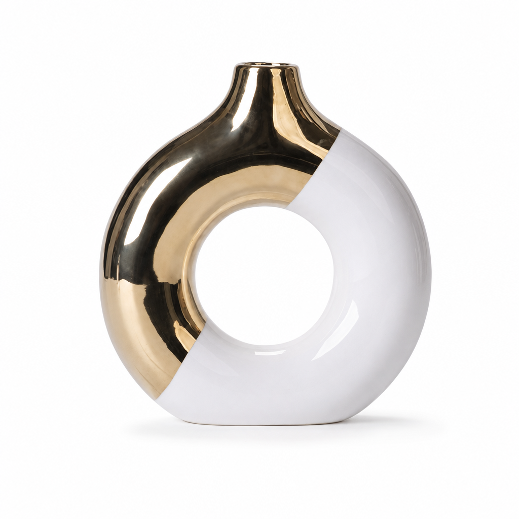 Modern Ceramic Flower Vase with Gold Accents for Tabletop Floral Arrangement and Home Decor