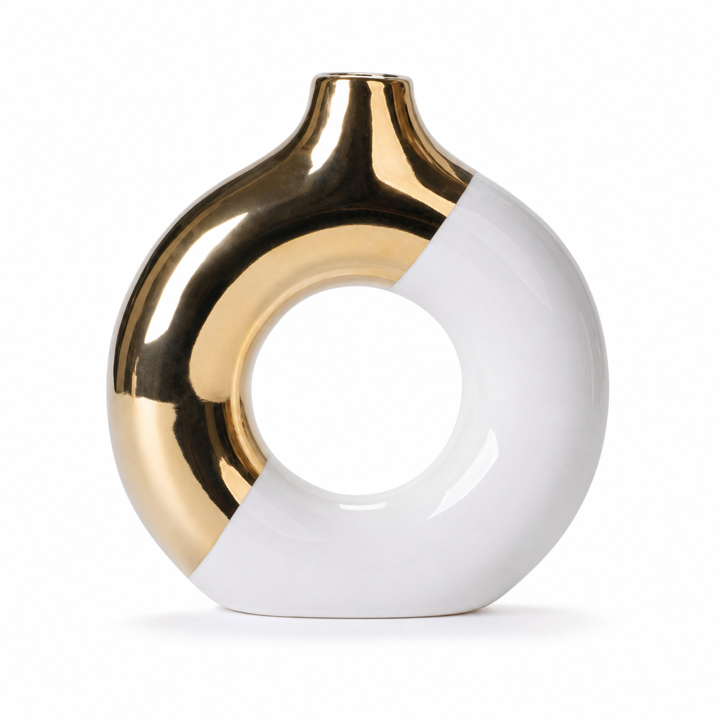 Modern Ceramic Flower Vase with Gold Accents for Tabletop Floral Arrangement and Home Decor