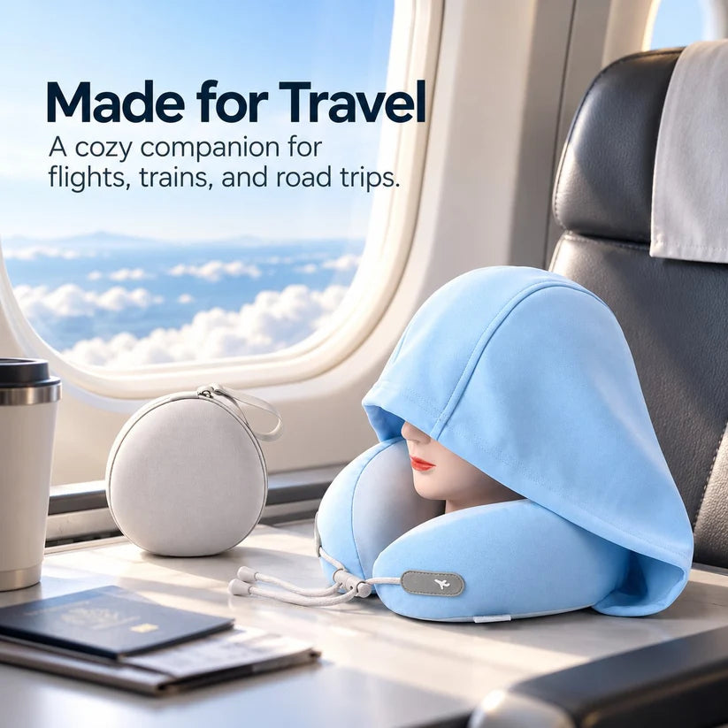 Hooded Travel Neck Pillow with Carrying Pouch