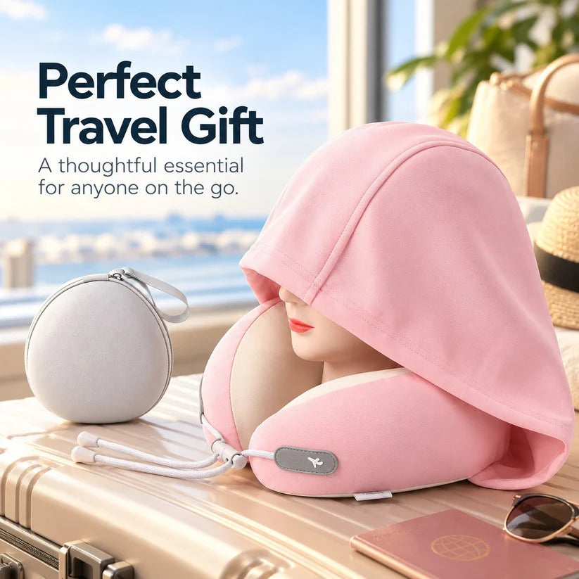 Hooded Travel Neck Pillow with Carrying Pouch