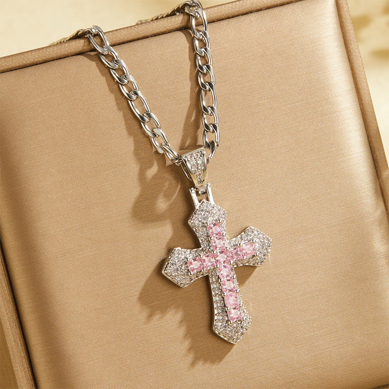 Hip Hop Double Layer Baguette Rhinestone Cross Brass with Figaro Chain