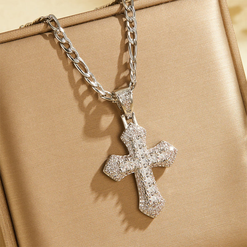 Hip Hop Double Layer Baguette Rhinestone Cross Brass with Figaro Chain