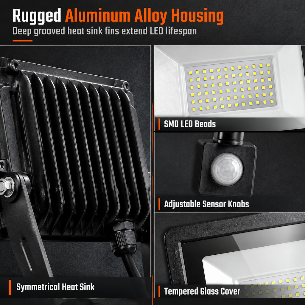 50W Outdoor LED Flood Light with Smart PIR Motion Sensor and Remote Control IP66 Waterproof Aluminum Security Light