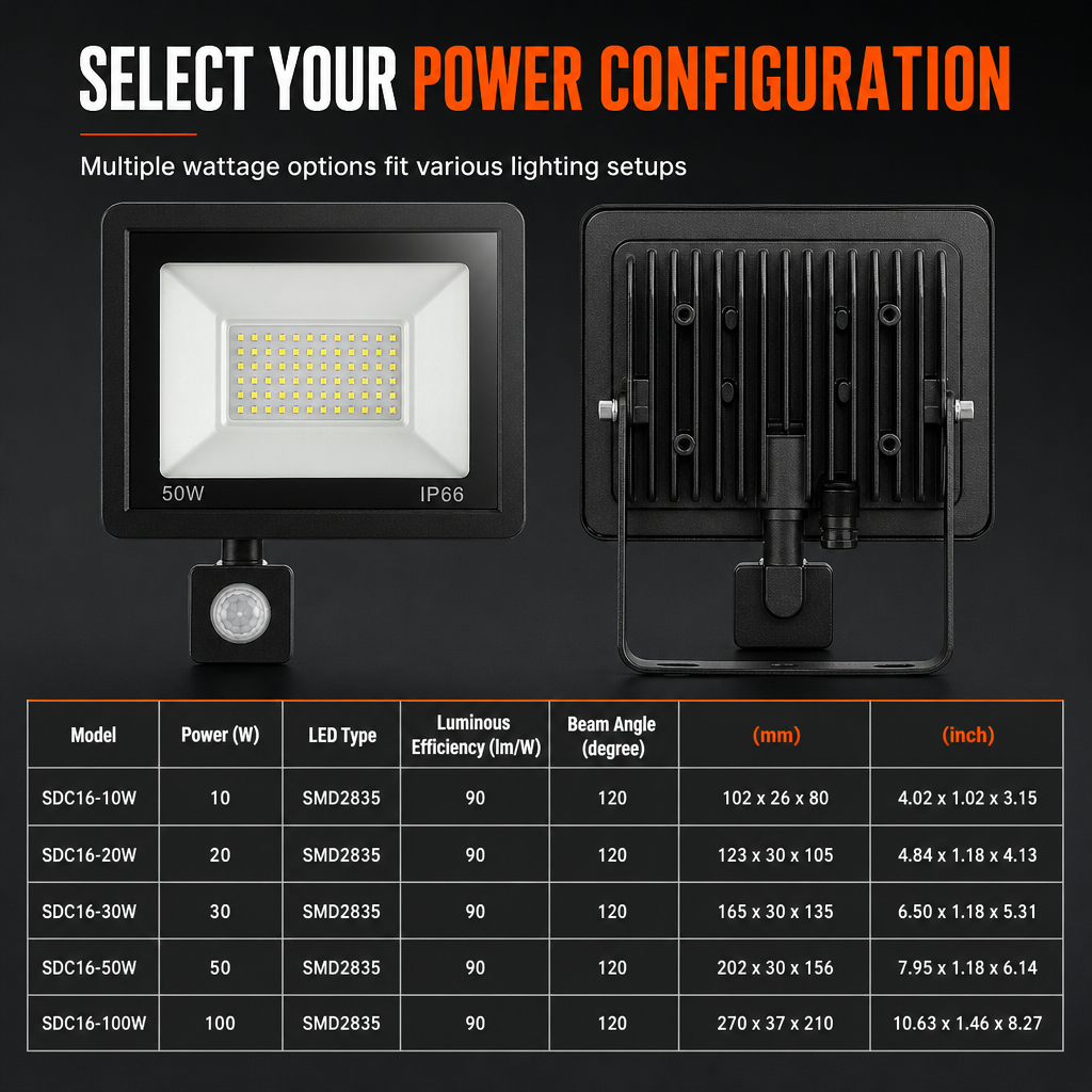 50W Outdoor LED Flood Light with Smart PIR Motion Sensor and Remote Control IP66 Waterproof Aluminum Security Light